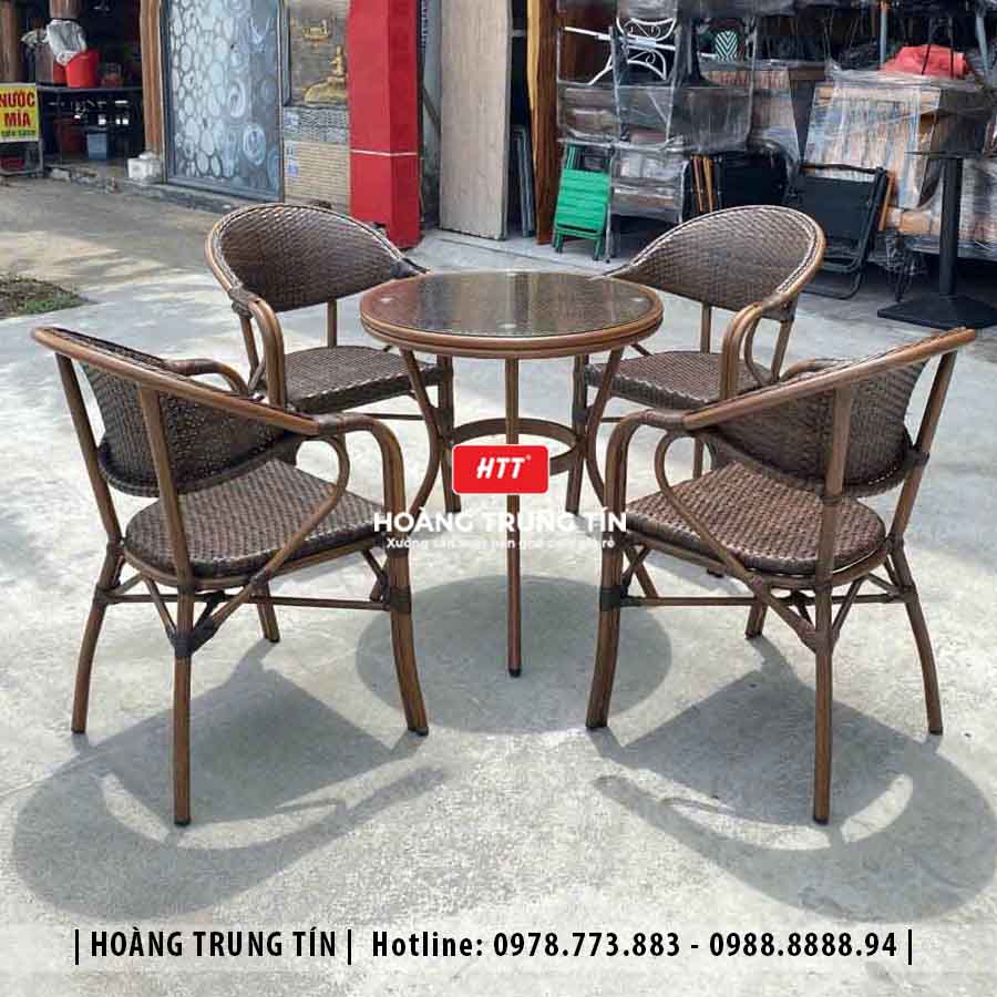 Bàn ghế cafe đan nhựa giả mây HTT-003