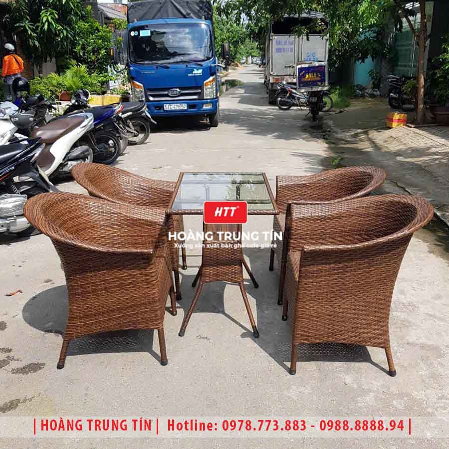 Bàn ghế cafe đan nhựa giả mây HTT-014