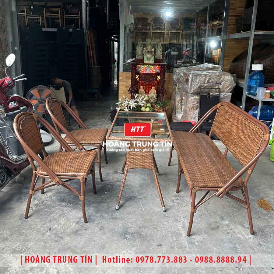 Bàn ghế cafe đan nhựa giả mây HTT-013