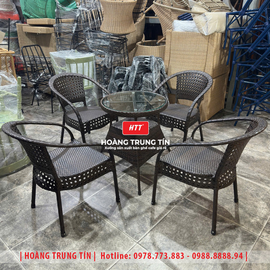 Bàn ghế cafe đan nhựa giả mây HTT-048