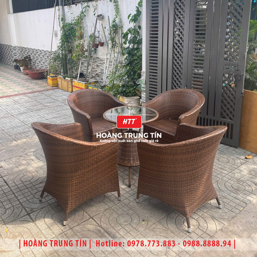 Bàn ghế cafe đan nhựa giả mây HTT-049