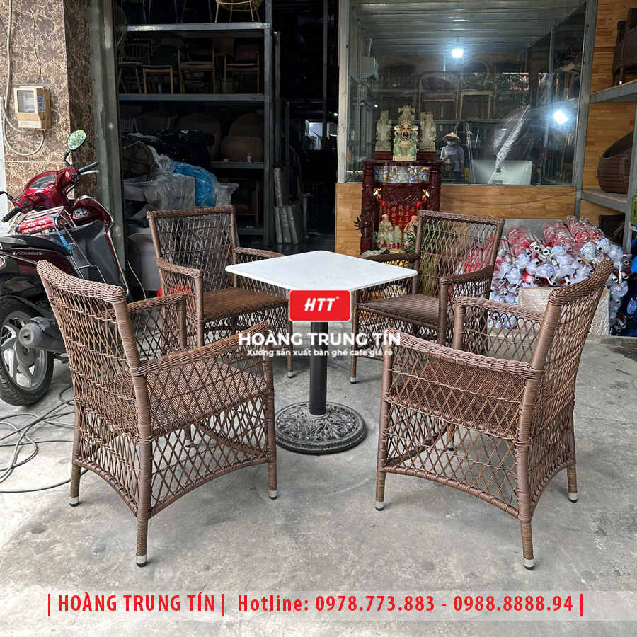 Bàn ghế cafe đan nhựa giả mây HTT-053