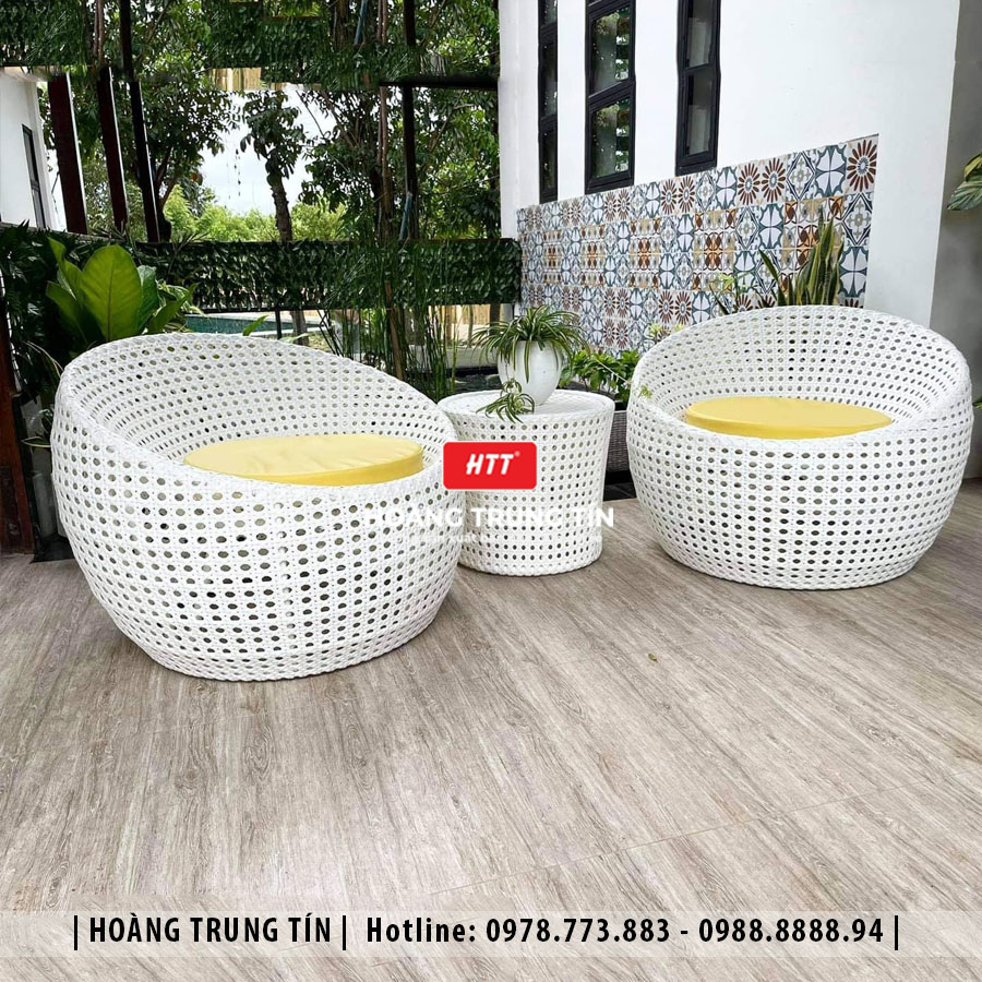 Bàn ghế trứng đan mắt cáo nhựa giả mây HTT01
