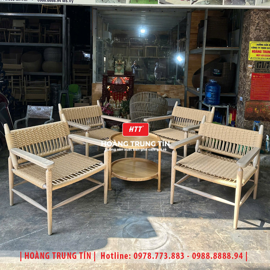 Bàn ghế cafe gỗ đan dây cói HTT-02