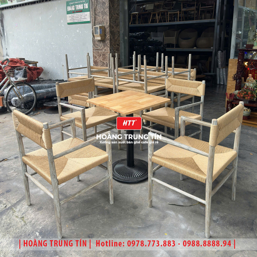 Bàn ghế cafe gỗ đan dây cói HTT-01