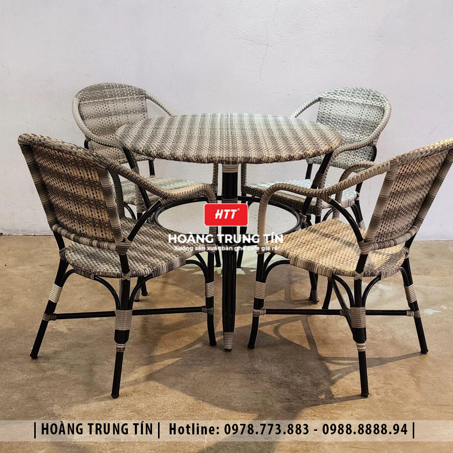 Bàn ghế cafe đan nhựa giả mây ngoài trời HTT01