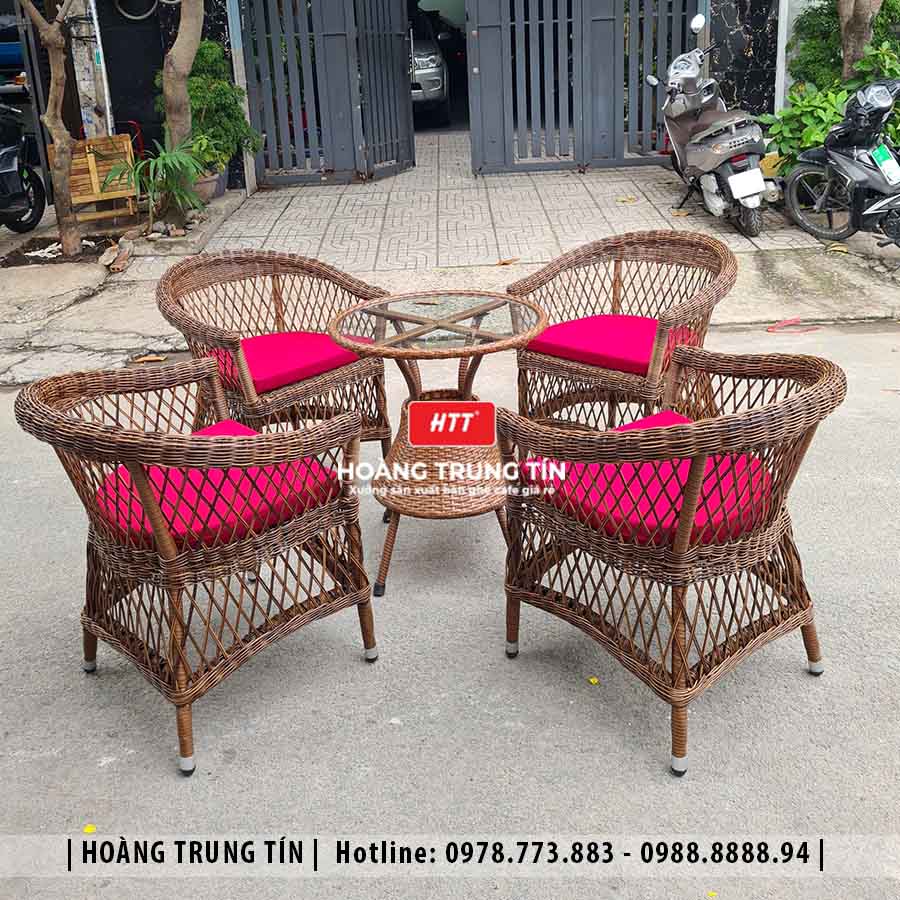 Bàn ghế cafe đan nhựa giả mây ngoài trời HTT38