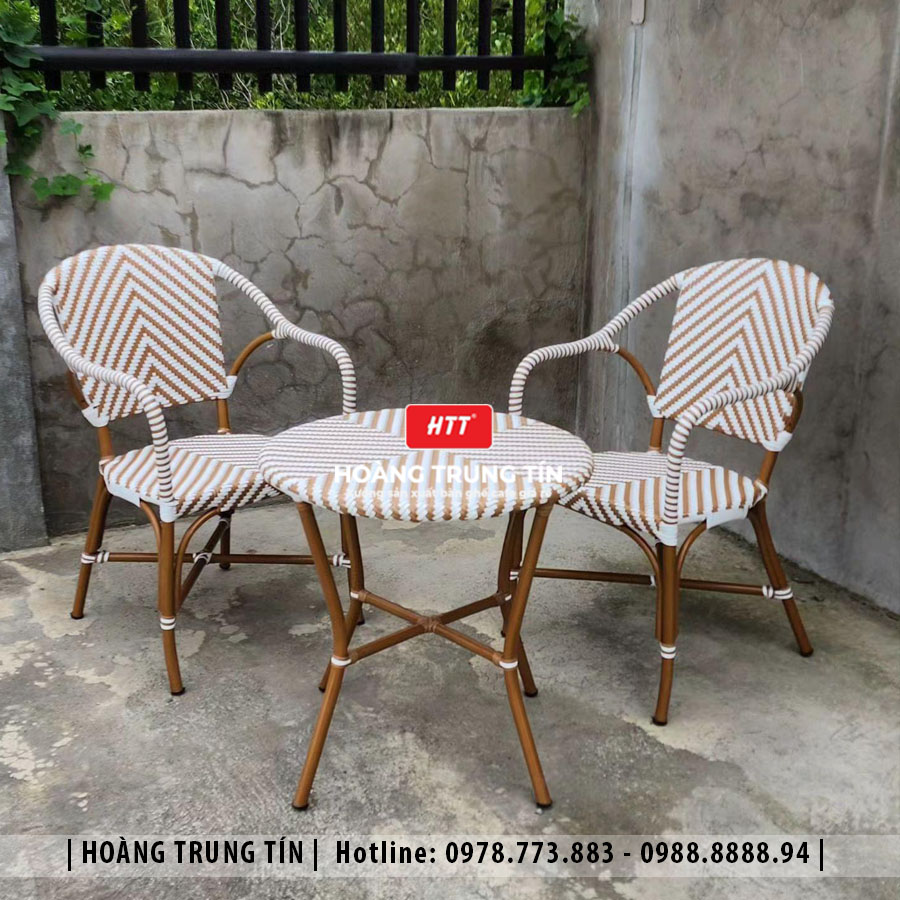 Bàn ghế cafe đan nhựa giả mây ngoài trời HTT03
