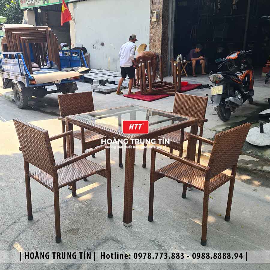 Bàn ghế cafe đan nhựa giả mây ngoài trời HTT40