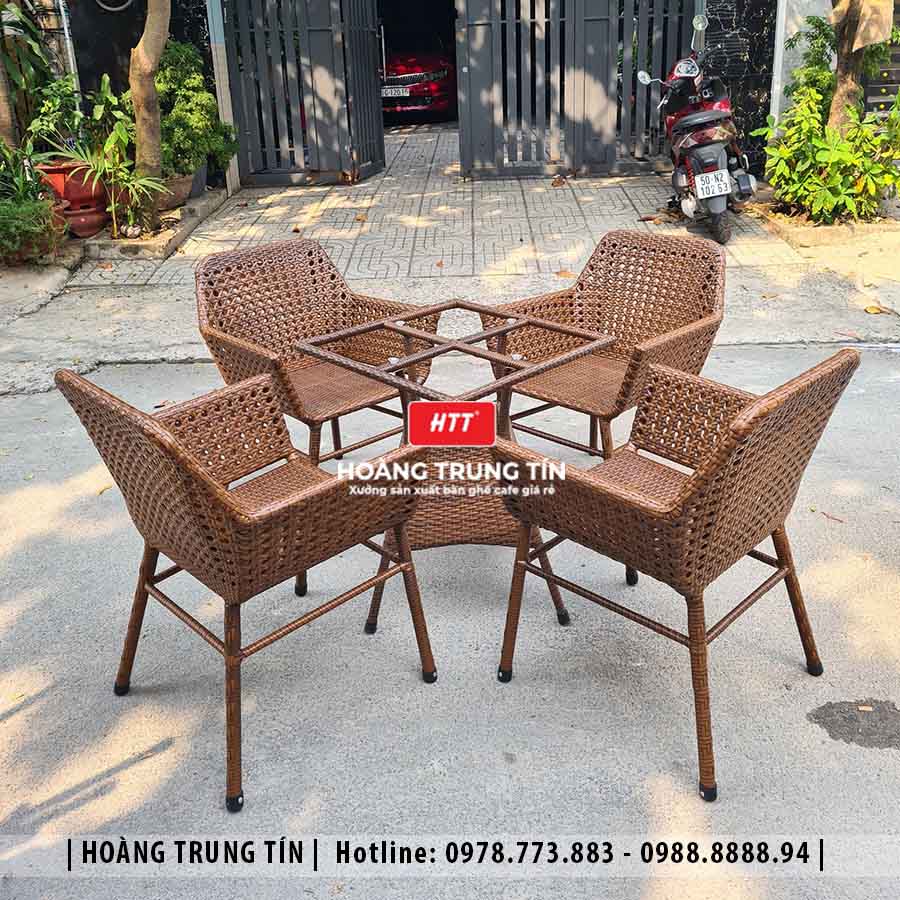 Bàn ghế cafe đan nhựa giả mây ngoài trời HTT41