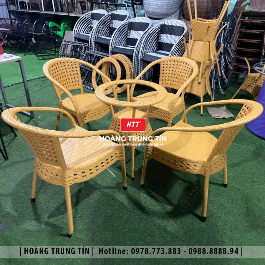 Bàn ghế cafe đan nhựa giả mây ngoài trời HTT42