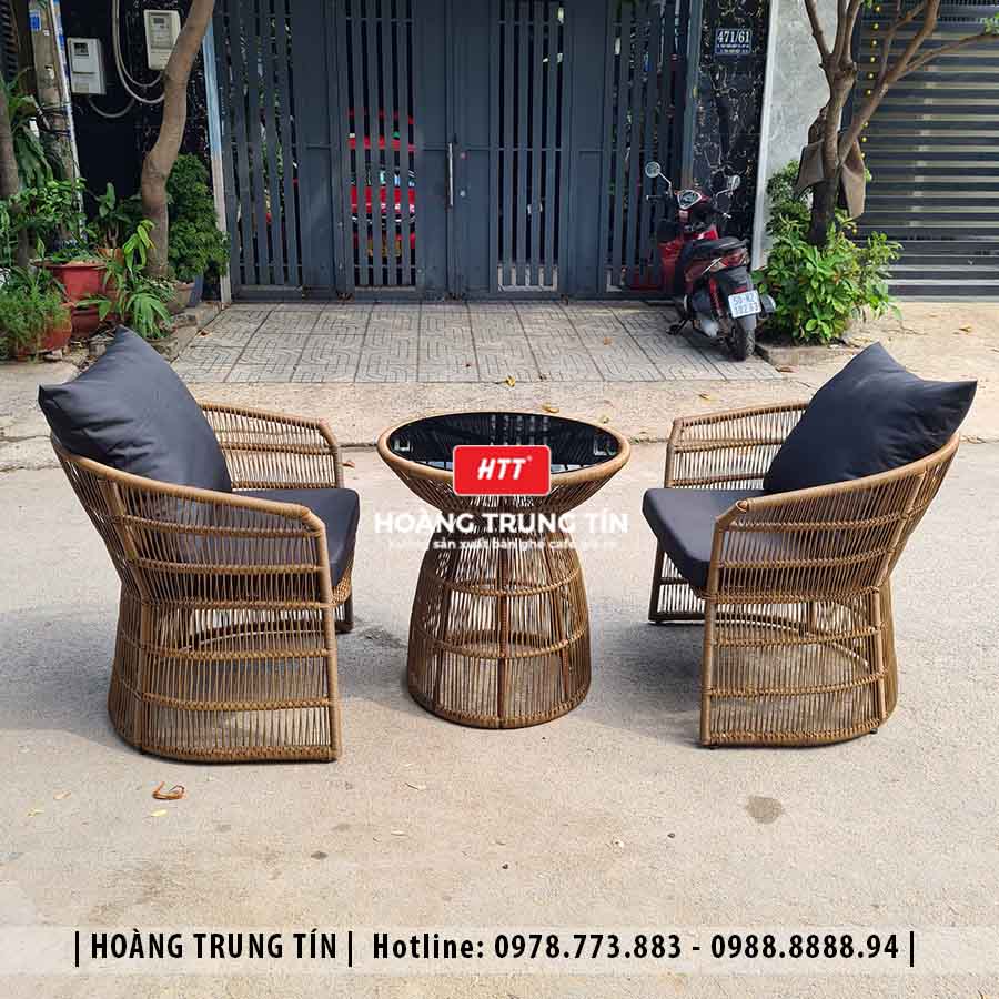 Bàn ghế cafe đan nhựa giả mây ngoài trời HTT44