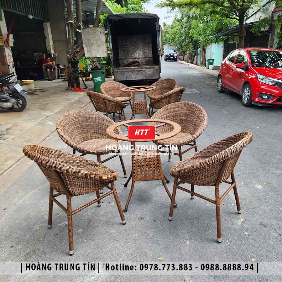 Bàn ghế cafe đan nhựa giả mây ngoài trời HTT35