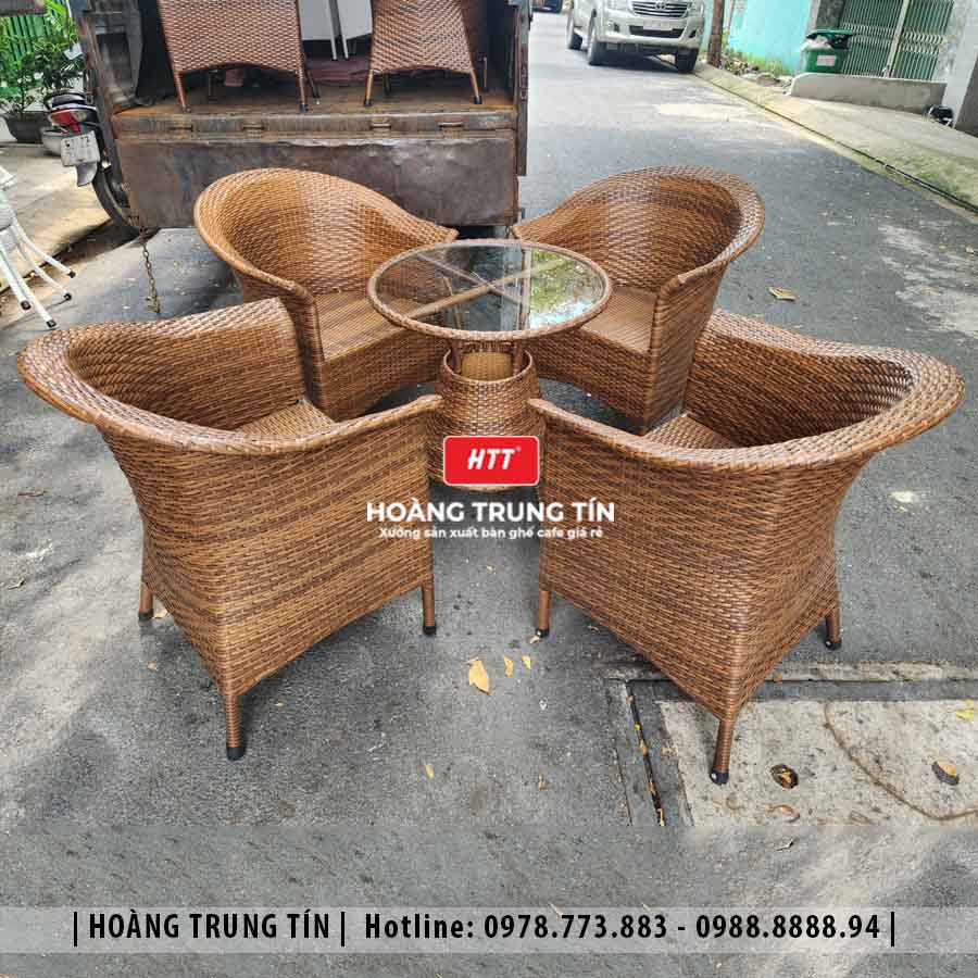 Bàn ghế cafe đan nhựa giả mây ngoài trời HTT46