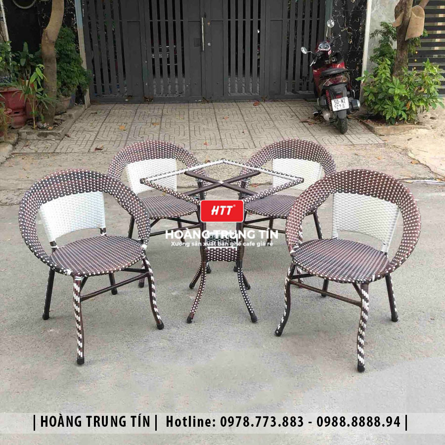 Bàn ghế cafe đan nhựa giả mây ngoài trời HTT17