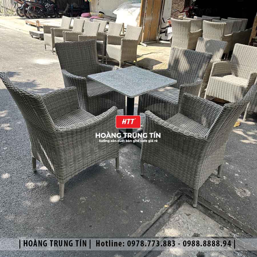 Bàn ghế cafe đan nhựa giả mây ngoài trời HTT26