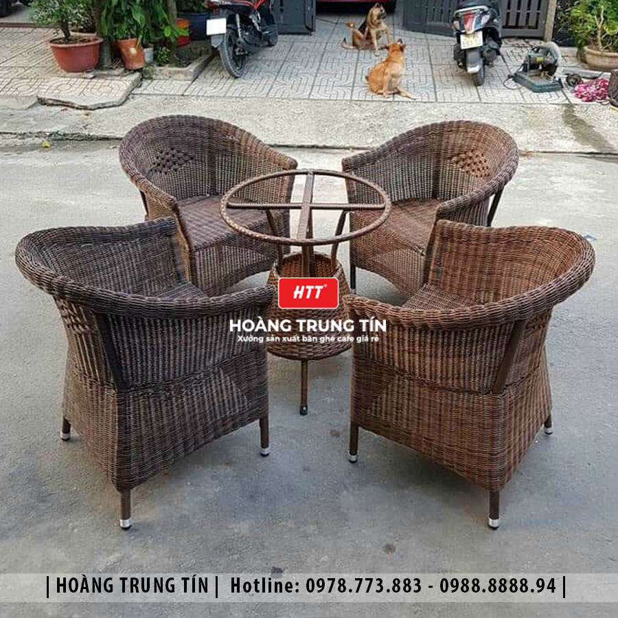 Bàn ghế cafe đan nhựa giả mây ngoài trời HTT18