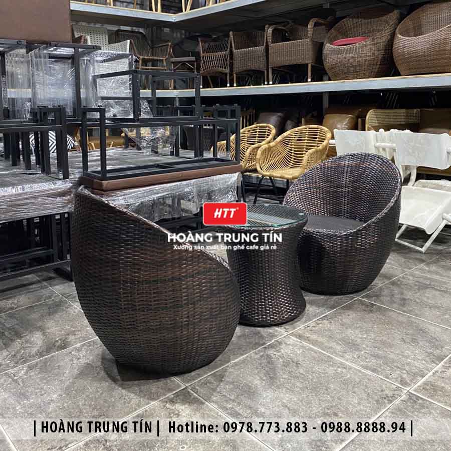 Bàn ghế cafe đan nhựa giả mây ngoài trời HTT27