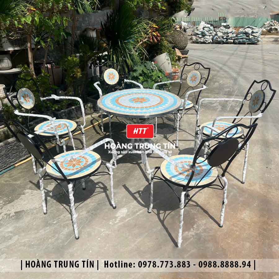 Bàn ghế cafe mosaic sắt gạch ngoài trời HTT-01