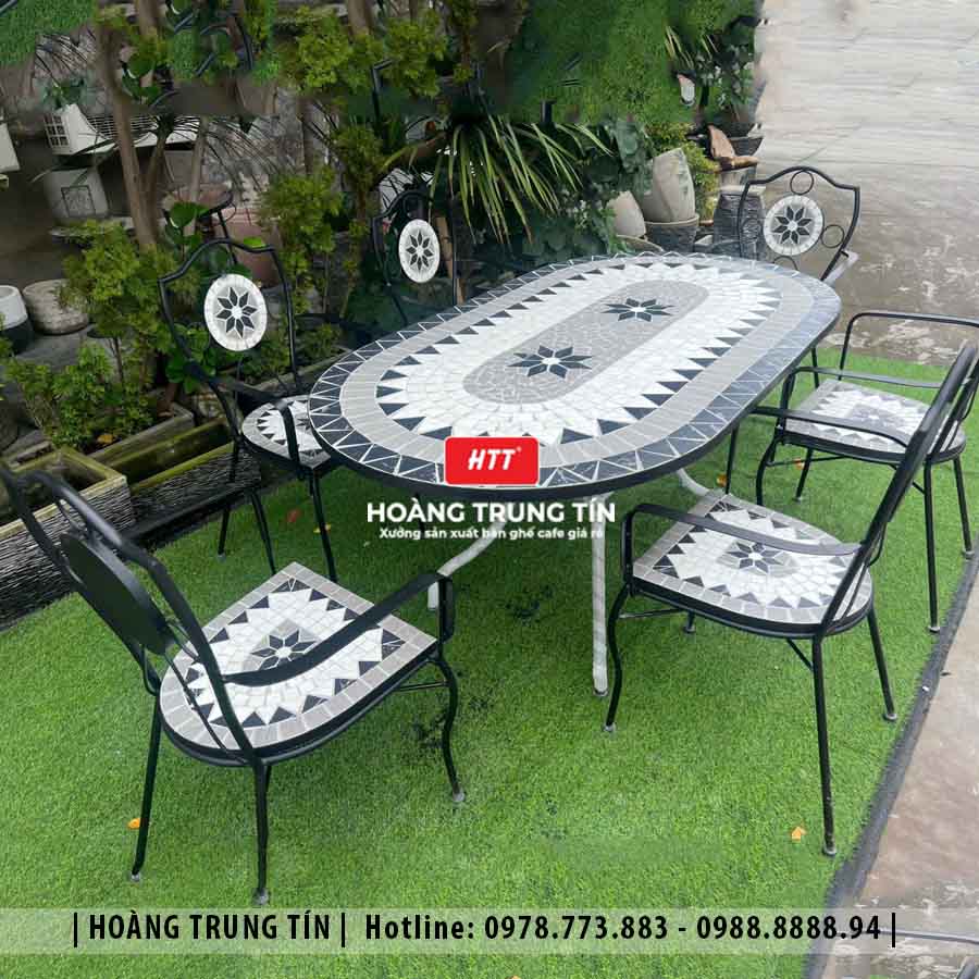 Bàn ghế cafe mosaic sắt gạch ngoài trời HTT-02