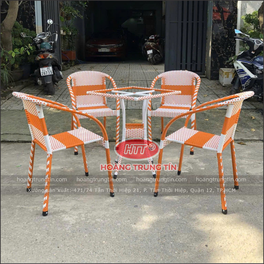 Bàn ghế đan dây nhựa cao cấp màu cam trắng
