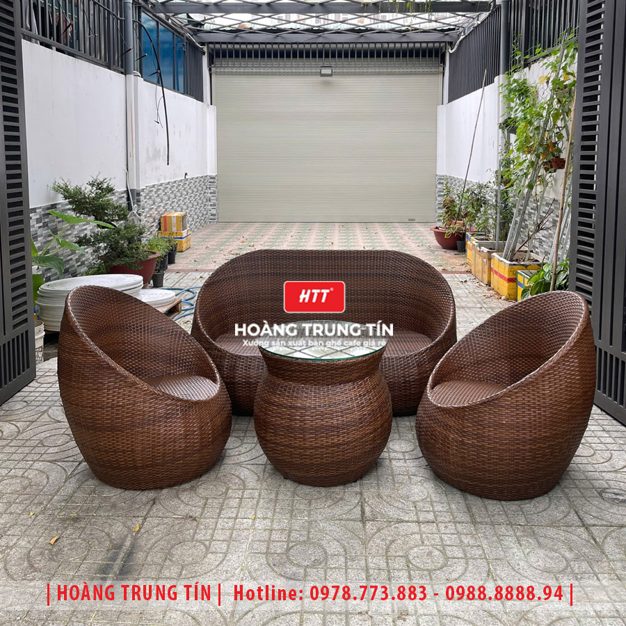 Bàn ghế trứng đan nhựa giả mây HTT05