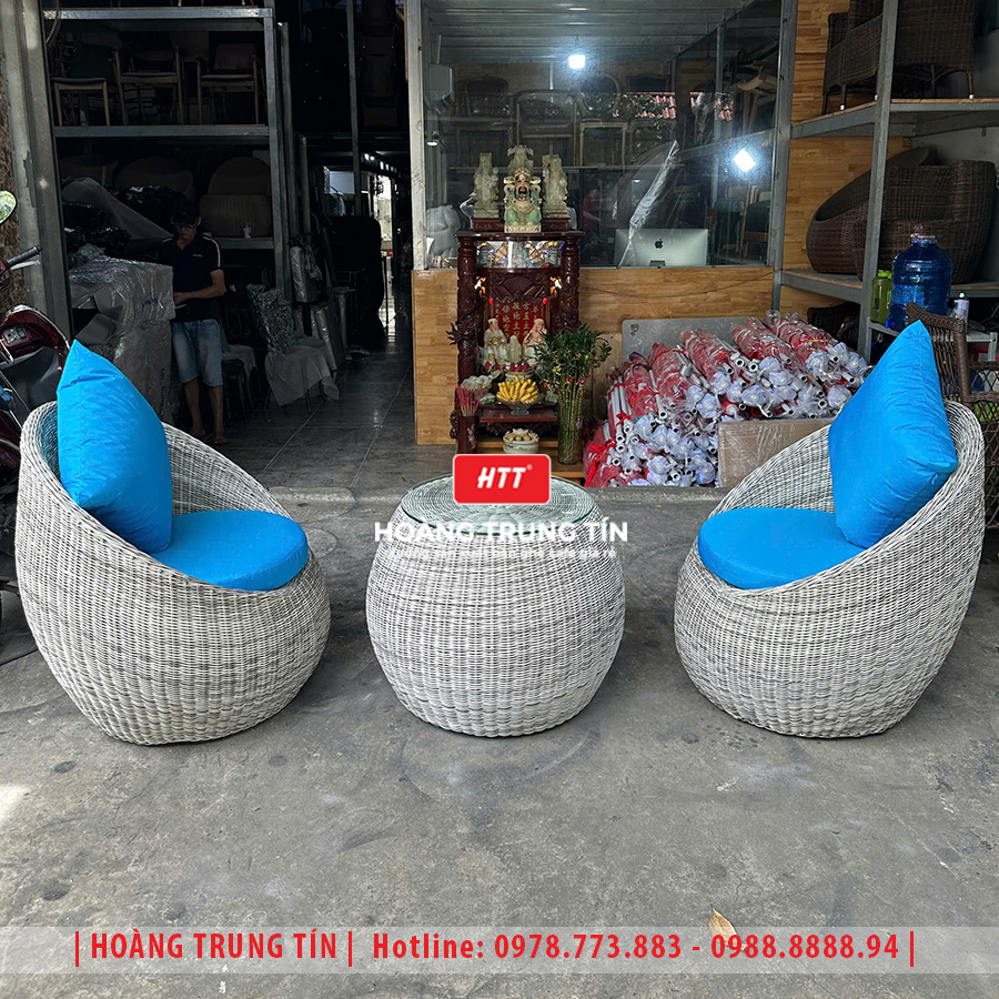 Bàn ghế trứng đan nhựa giả mây HTT21
