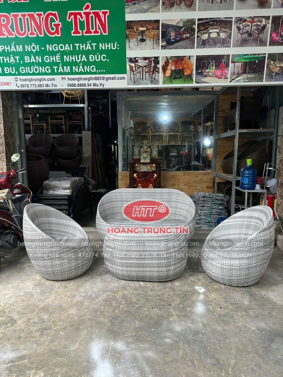 Bàn Ghế Trứng Đan Nhựa Giả Mây Màu Trắng Xám