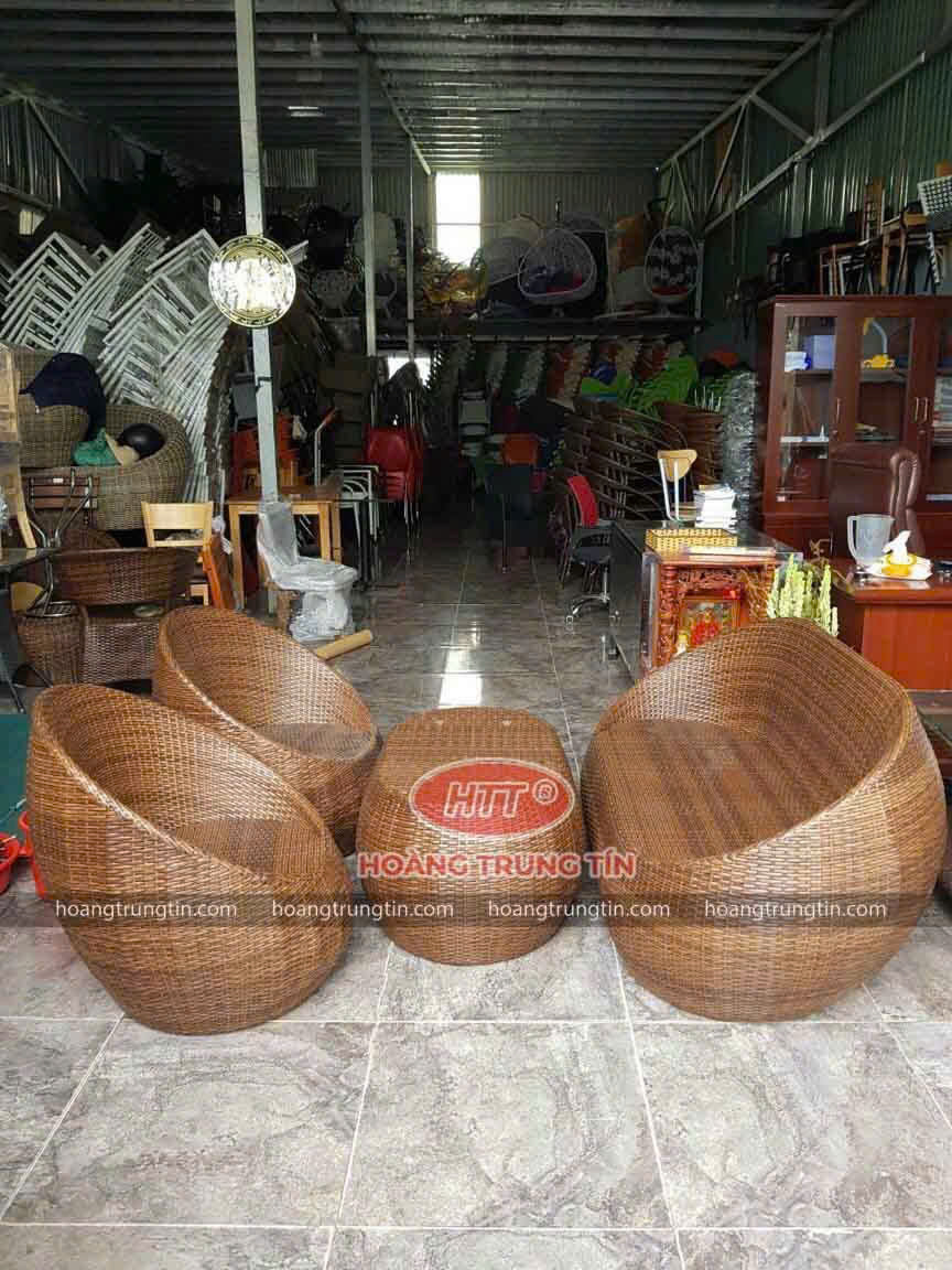 Bàn Ghế Trứng Đan Nhựa Giả Mây Sợi Màu Nâu