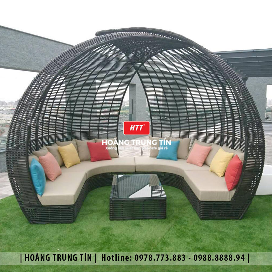 Giường tắm nắng mái vòm đan nhựa giả mây HTT009