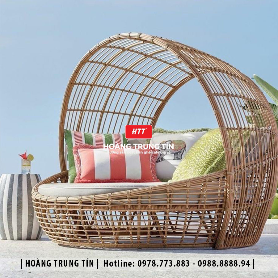 Giường tắm nắng mái vòm đan nhựa giả mây HTT001