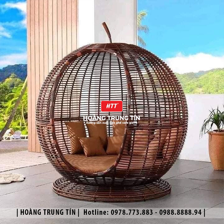 Giường tắm nắng mái vòm đan nhựa giả mây HTT002
