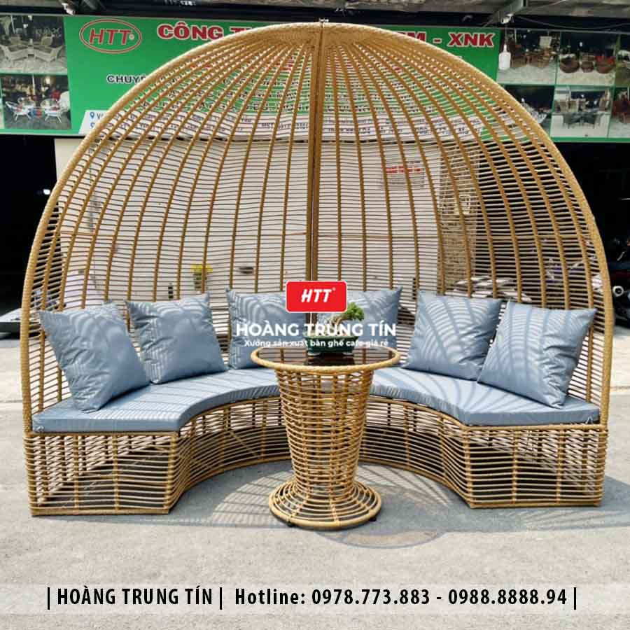 Giường tắm nắng mái vòm đan nhựa giả mây HTT005