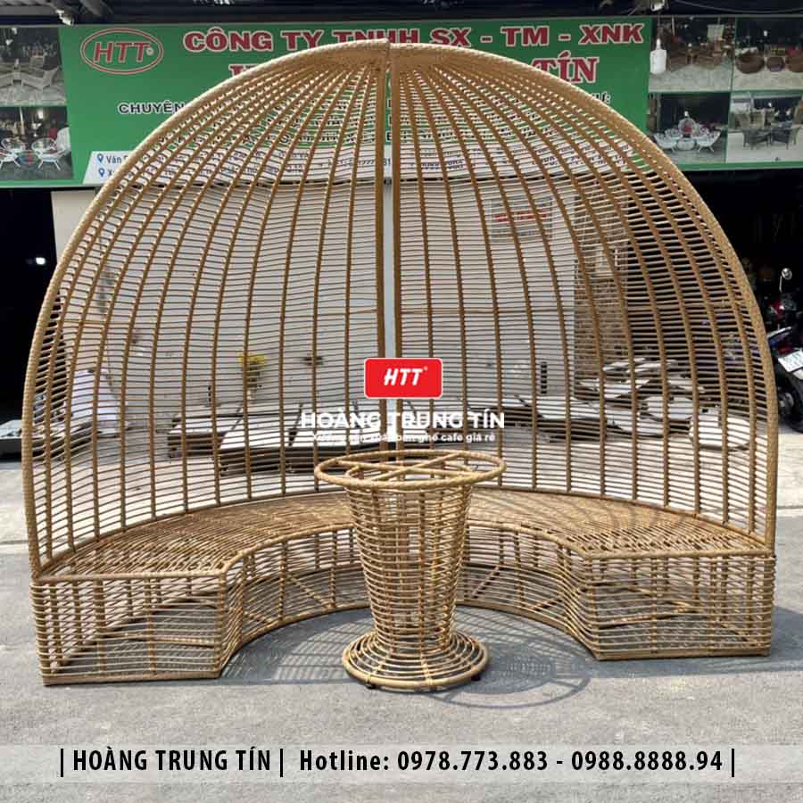 Giường tắm nắng mái vòm đan nhựa giả mây HTT005