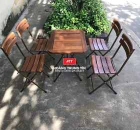 Bàn ghế cafe gỗ chân sắt ngoài trời