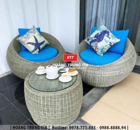 Bàn ghế sofa trứng đan nhựa mây HTT005