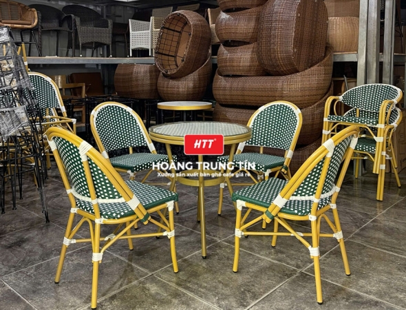 Bàn ghế cafe đan nhựa mây cao cấp HTT025