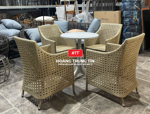 Bàn ghế cafe đan nhựa mây cao cấp HTT036