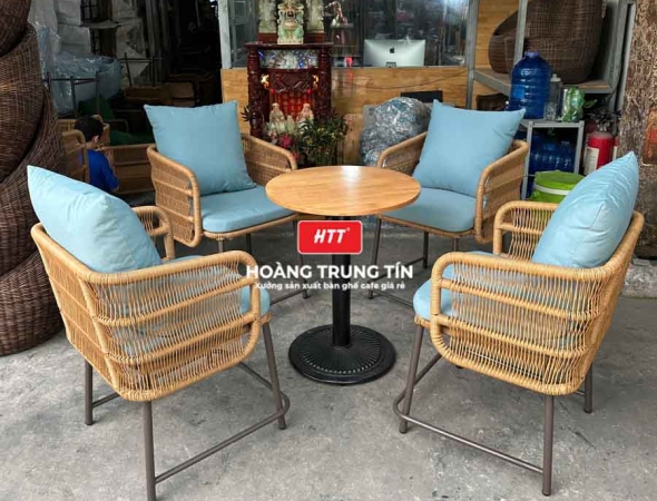 Bàn ghế cafe đan nhựa mây cao cấp HTT065