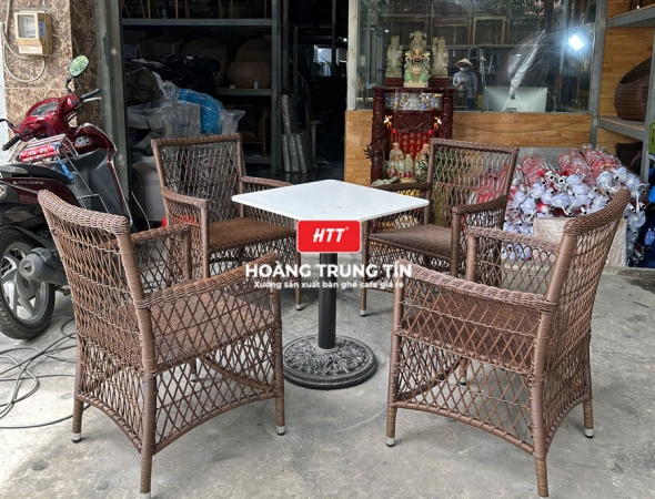 Bàn ghế cafe đan nhựa mây cao cấp HTT066