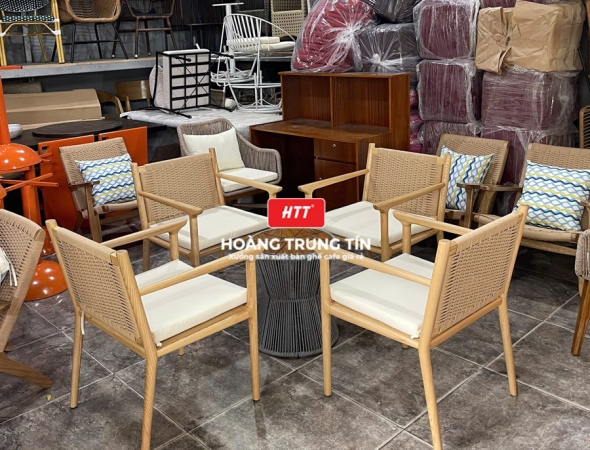 Bàn ghế cafe gỗ đan dây giấy se HTT02