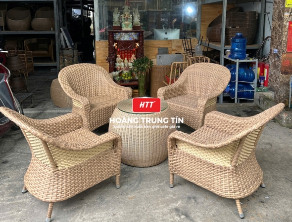 Bàn ghế cafe đan nhựa mây cao cấp HTT072