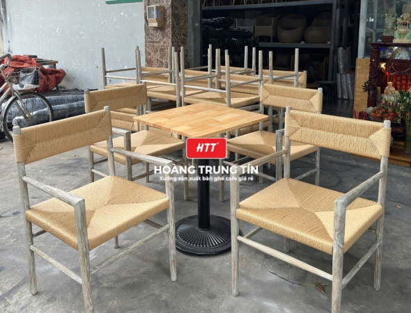 Bàn ghế cafe gỗ đan dây giấy se HTT04