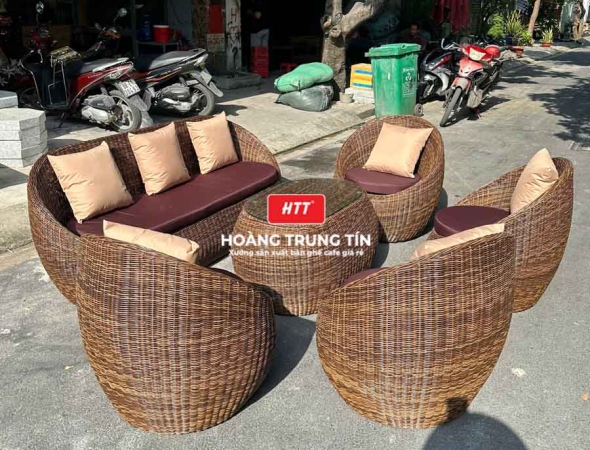 Bàn ghế sofa trứng đan nhựa mây HTT055