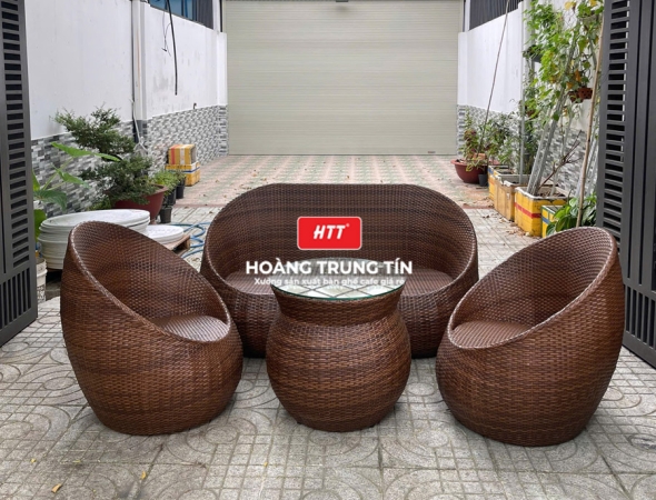 Bàn ghế sofa trứng đan nhựa mây HTT063